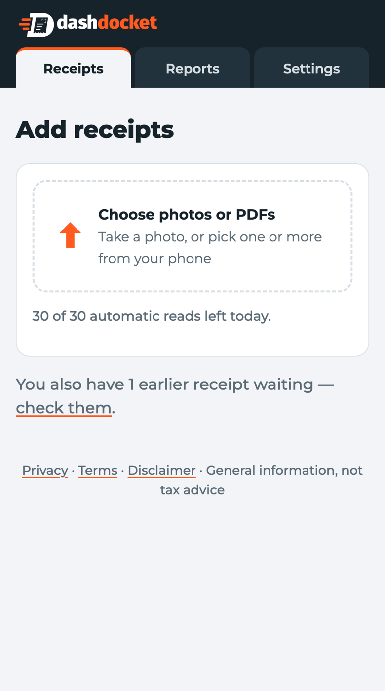 DashDocket's Add receipts screen