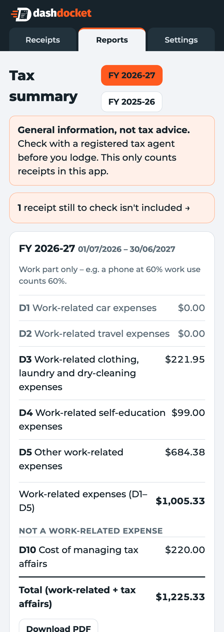 DashDocket's tax summary by myTax label